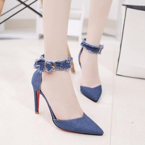 Summer Open Top Fashion Denim Jeans Sandals Women Sandalias Shoes Woman High Heels Chaussure Pointed sandals Female