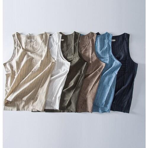 Breathable Mens Cotton And Linen Vest Workout Tank Top Round Neck Sleeveless Beach Casual Singlet With Front Pocket Hawaii White