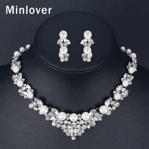 Minlover Elegant Simulated Pearl Bridal Jewelry Sets Silver Color Leaf Crystal Necklaces Earrings Sets Wedding Jewelry TL280