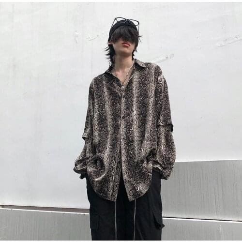 Harajuku Style Retro Leopard Print Lining Men and Women Design Relaxed Detachable Plus Two Long-sleeved Shirts