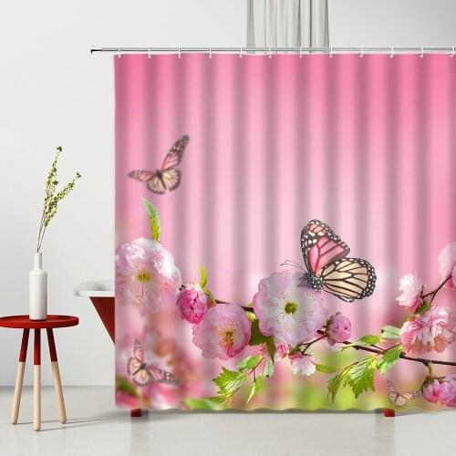 Flower Butterfly Shower Curtain Set Dielianhua Pattern Bathroom Accessories Polyester Bath Shower Mildew Resistant Home Decor
