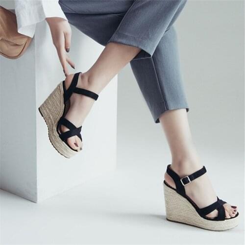 Fashion Women Summer Sandals Shoes Buckle Strap Leisure Platform Wedges hemp rope Sandals Wedges High heels 11CM Shoes