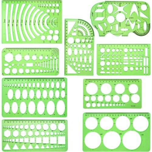 9 Pieces Drawings Templates Measuring Geometric Rulers Plastic Draft Rulers for School Office Supplies Clear Green