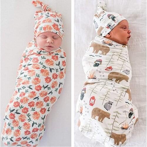 INS Newborn personalized Printing Wrapped Scarf Tire Cap Headband Two-piece Set New Baby Flower Printed Wrapped Scarf Set
