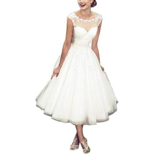 Shwaepepty Vintage 50s Style Short Wedding Dress Tulle Lace Appliques Tea Length Wedding Gowns Lace Up Back Plus Size For Bride