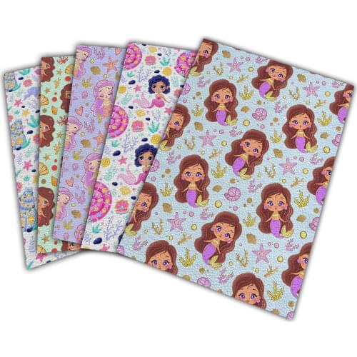 Cute Mermaid Printed Artificial Synthetic Lychee Pattern Leather Sheet 22X30cm A4 Diy Bows Childrens Headdress