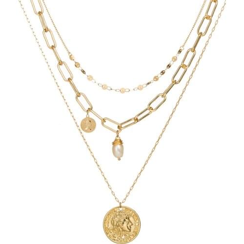 Three Layers Natural Freshwater Pearls Coin Pendant Necklace Fashion Choker Summer Vintage Bohemian Women Jewelry Wholesale