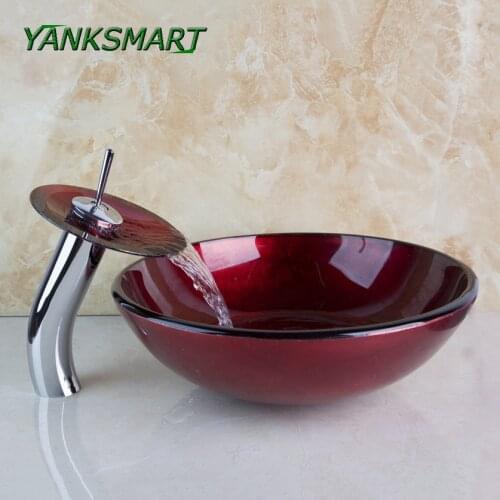 YANKSMART RED WINE Design Bathroom Tempered Glass Sink Basin Bowl Vessel w/ Faucet Drain Combo Set