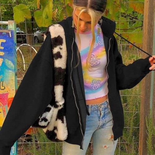 2021 Black Brown Zip Up Sweatshirt Winter Jacket Clothes Oversize Hoodies Women Plus Size Vintage Pockets Long Sleeve Pullovers