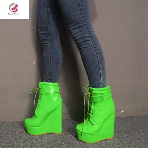 Original Intention Women Ankle Patent Leather Boots Round Toe Wedges Fashion Shoes Woman Fluorescent Green Blue Size 3-16