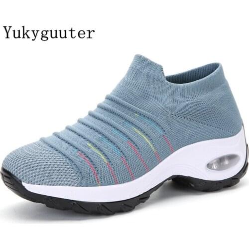 Woman Sneakers Running Shoes Girls Flat Outdoor Breathable Knit Upper Socks Lightweight Athletic Chunky Air Cushion Platform