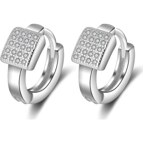 Chic Bling Diamonds Gemstones Geometric Clip On Hoop Stud Earrings for Women 18k White Gold Filled Crystal Jewelry Brincos Gifts
