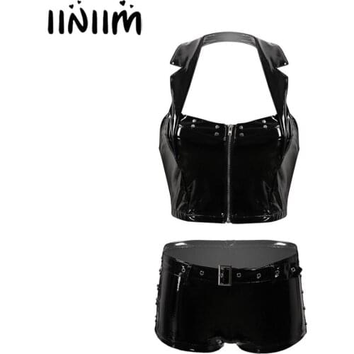 Womens Wetlook Moto Sexy Clubwear Costumes Leather Lingerie Set Pole Lapel Collar Backless Zippered Crop Top with Hot Shorts