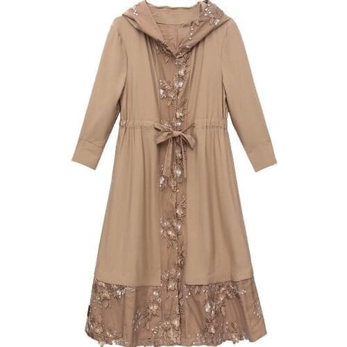Plus size trench coat 5xl 2021 casual Hooded Embroidery Women Windbreaker Female Lace Stitching Belt Temperament Trench Coat