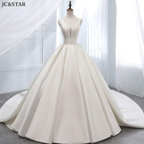 Ball gown wedding dresses new satin V neck ivory robe mariee princesse Court Train vestidos de novia talla grande bridal dress
