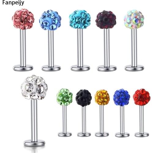 Fanpeijy Women Men Labret Lip Piercing Jewelry Crystal Disco Ball Ear Bar Studs Steel Barbell Nose Ring Helix Body Jewelry 1pcs