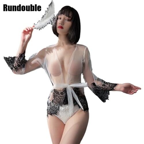 Womens Sexy Lingerie See-through Mesh Sleepwear Lace Transparent Spring and Summer Ladies Robe Bathrobes Nightdress Sets