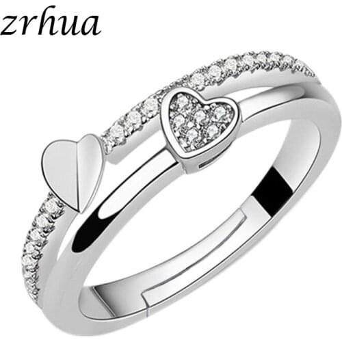 ZRHUA Genuine 925 Sterling Silver Stackable Ring Double Heart CZ Finger Rings for Women Wedding Anniversary Jewelry Anel