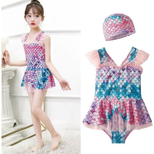 2021 Summer Baby Girl Swimsuit Suit Children Mermaid Swimsuit Swimming Cap Kids Girls Pool Party Beach Costume 3-12 Years