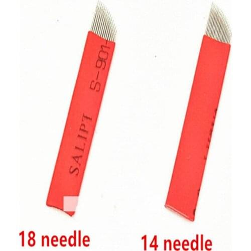 Free Shipping 50 Pcs Eyebrow Permanent Makeup Professional Sterilize Eyebrow Red Tattoo Needle 12 14 pins