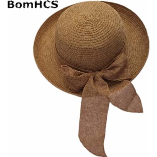 BomHCS Summer Women Bow Curling Linen Ribbon Straw Hat Travel Beach Shopping Sun Hats Caps 17F-311MZ3