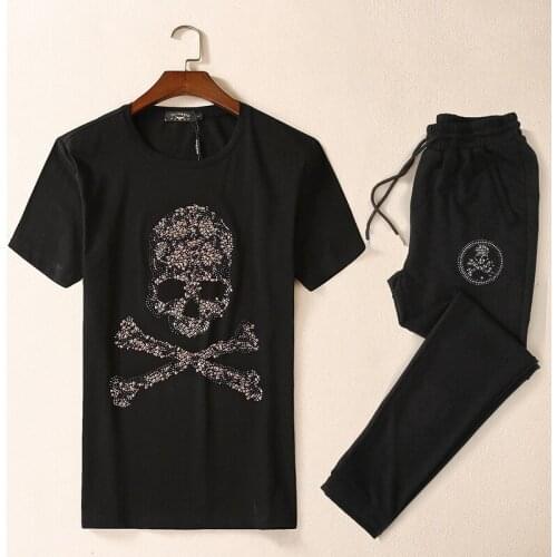 Brand New Novelty Hot diamond Skull Bone Men Running Sportswear Tracksuits Mens Sets (tee shirt + pants) Top TEES #L113