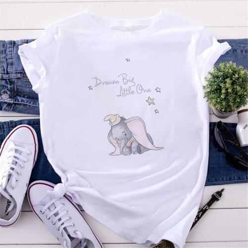 Tshirt Fashion Elephant Dumbo Dream Big Little One Graphic Top Tee Female Harajuku Kawaii T Shirt Women Funny Cartoon T-shirt
