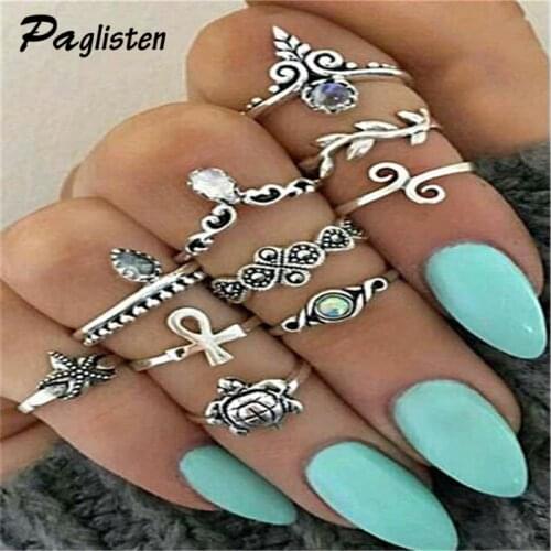 Hot Fashion 10 Pcs/Sets Midi Small elephant Rings For Women Vintage Jewelry Bohemia Flowers Finger Joint Ring