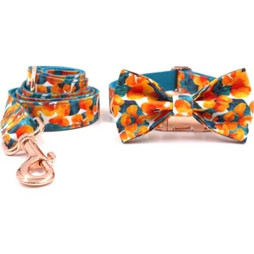 Personalized Collar for Dogs Hawaii Flower Pattern Dog Collar and Leash Set Luxury Designer Bowtie Dog Collar Lead Quick Release