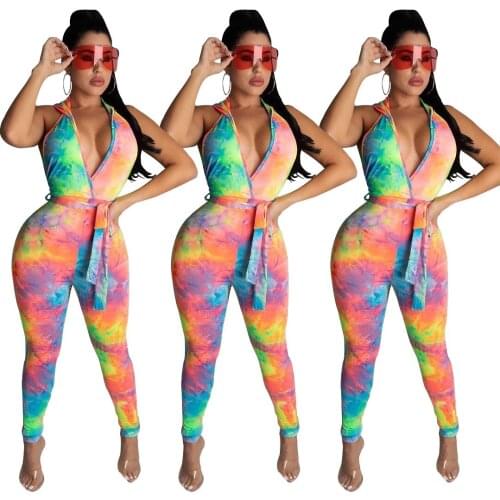 Jumpsuit women summer Sexy Backless Hooded Tie dye Streetwear Full Length elegant bodycon Wholesale dropshipping