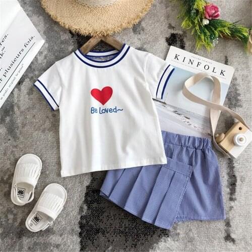 Hollead Student Clothing Sets White Letter Print T-Shirt+Blue Stitching Pleated Skirt Pants Summer Casual Girls Kids Suit