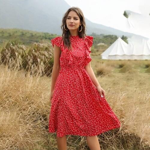 Summer Dress Womens Clothing 2021 Femme Robes Heart Dot Print Dresses Butterfly Sleeve Ruffles Midi Dress For Woman Vestidos