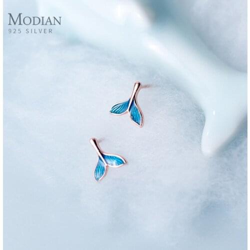 Modian Fashion Blue Stripe Enamel Mermaid Tail Stud Earrings 100% 925 Sterling Silver Exquisite Jewelry For Women Accessories