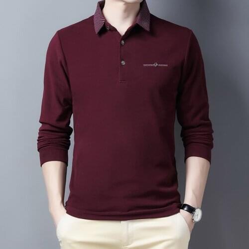 Men Solid Color Wine Red Button Collar Polo Shirt Long Sleeve Shirt For Casual Comfortable Polo Shirt Korean Men Clothing