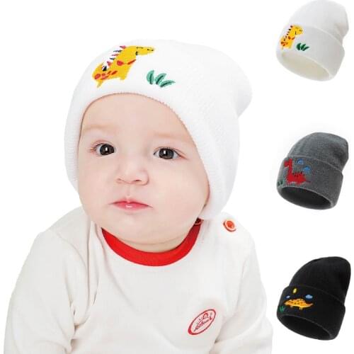 New Baby Knitted Beanie Caps Kids Embroidered Dinosaur Cartoon Caps Children Autumn Winter Slouchy Hat Beanies