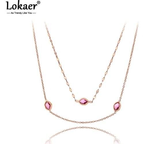 Lokaer Trendy Titanium Steel 3Pcs Red Crystal Lips Charm Pendant Necklaces Jewelry Rose Gold Bohemia Necklace For Women N20198