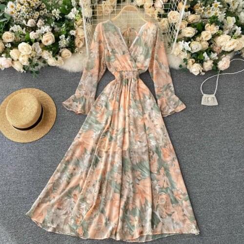 SINGRAIN Sexy Backless Floral Dress Women Vintage Flare Sleeve Deep V Elastic Ruched Dress Autumn Korean Boho Print Long Dress