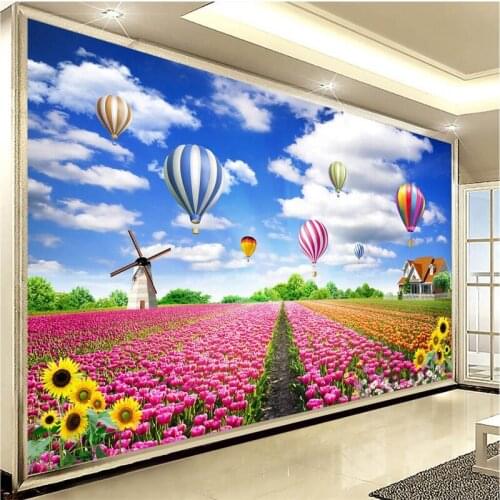 Beibehang Customize any size wallpaper murals photo HD tulips pastoral flower sea hot air balloon pasture landscapes wallpaper