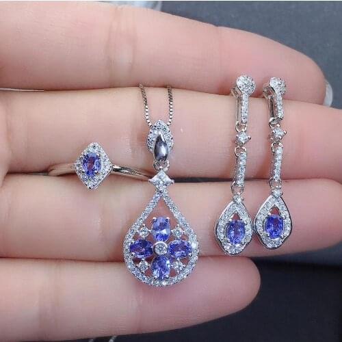 The Best engagement Gift Tanzanite Set 925 Sterling Silver 1 tanzanite pendant, 1 tanzanite ring, 2 tanzanite earrings