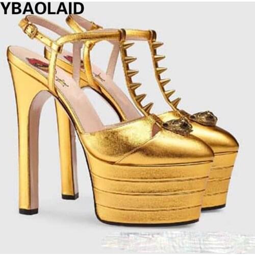 Round Toe Platform Rivet Buckle Fashion Sandals Sexy Color Matching Metal Tiger Head Print Star Red Lips High-heeled Sandals