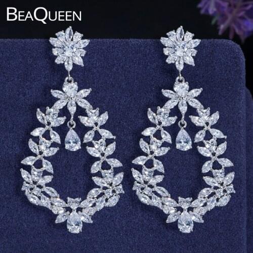 BeaQueen Gorgeous Marquise Cluster Flower Drop Cubic Zircon Long Big Wedding Earrings for Brides Party Jewelry Accessories E178