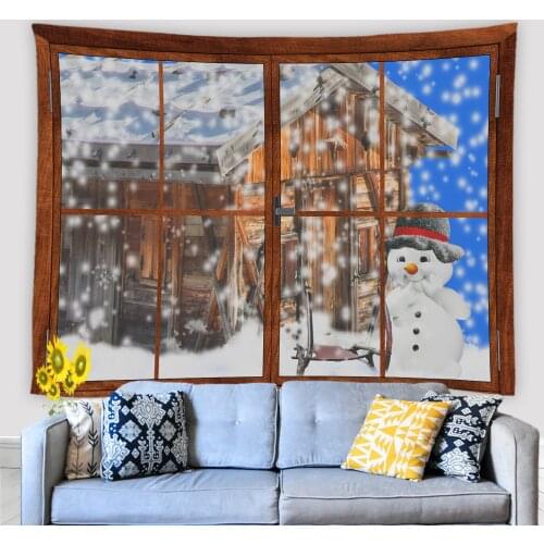 Snow Scene Outside The Window Snowman Tapestry Wall Hanging Winter Snowy Landscape Living Room Bedroom Decor Wall Tapestries Art