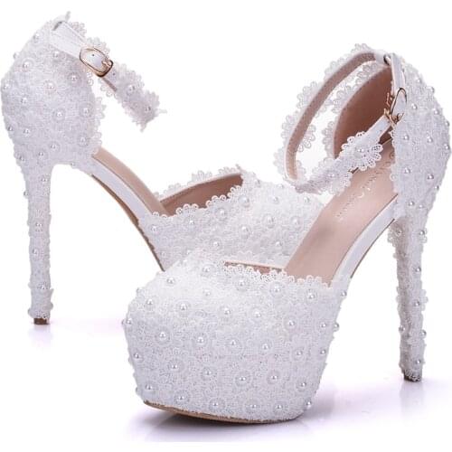 Crystal Queen White Lace High Heels Platform Pumps Party Wedding Shoes White Heels Ankle Straps Women Sandals Bridesmaid