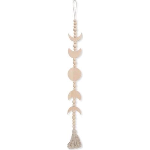 Boho Chic Home Decor Moon Bead Nordic Wall Pendant Wooden Moon Phase Wall Hanging Decoration Bedroom Wood Ornaments With Tassel