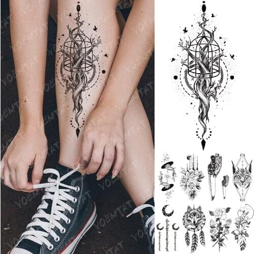 Waterproof Temporary Tattoo Sticker Lace Rose Flowers Lotus Flash Tattoos Wolf Moon Snake Body Art Arm Fake Sleeve Tatoo Women