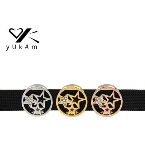 YUKAM Jewelry Silver Color Rhinestone Hollow Cutout Pentagram Small Star Slide Charms Keeper for Leather Wrap Accessories Making