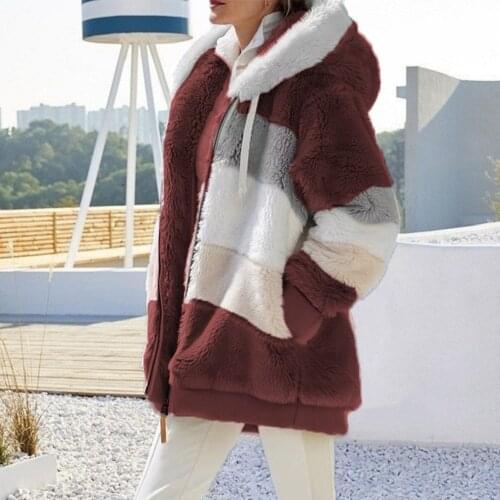 5XL 2021 Winter Plush Coat Fashion Women Splicing Hooded Long Sleeve Zipper Pocket Warm Soft Jacket Plus Size Overcoat Female