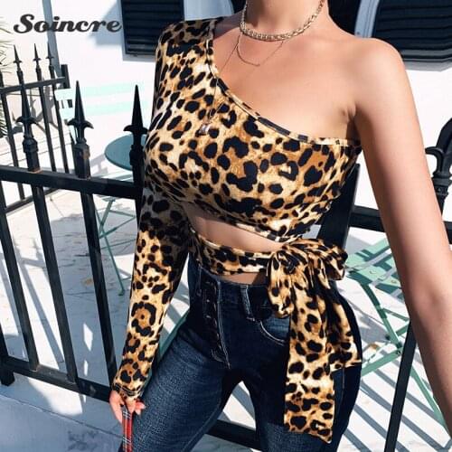 Woman T Shirts 2021 Leopard Print Long-sleeved Open Back Skew Collar One-shoulder Waist Lace-up Top Sexy Y2K Street T-shirt