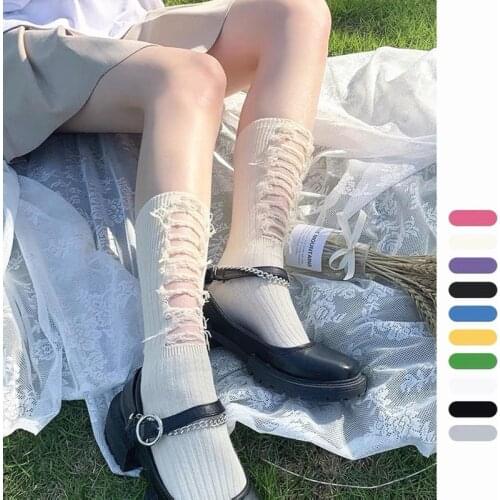 Hole Beggar Shabby Women Frilly High Socks Cotton 2021 Summer New Ladies Original Design Novelty Tide Fluffy Long Tube Non-slip