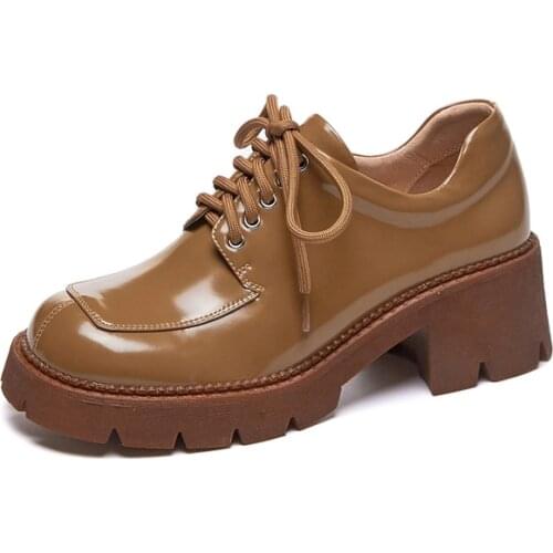 Black brown round toe 5.5cm square high chunky heels lace up shallow soft concise advanced all-match women shoes TN15 MUYISEXI